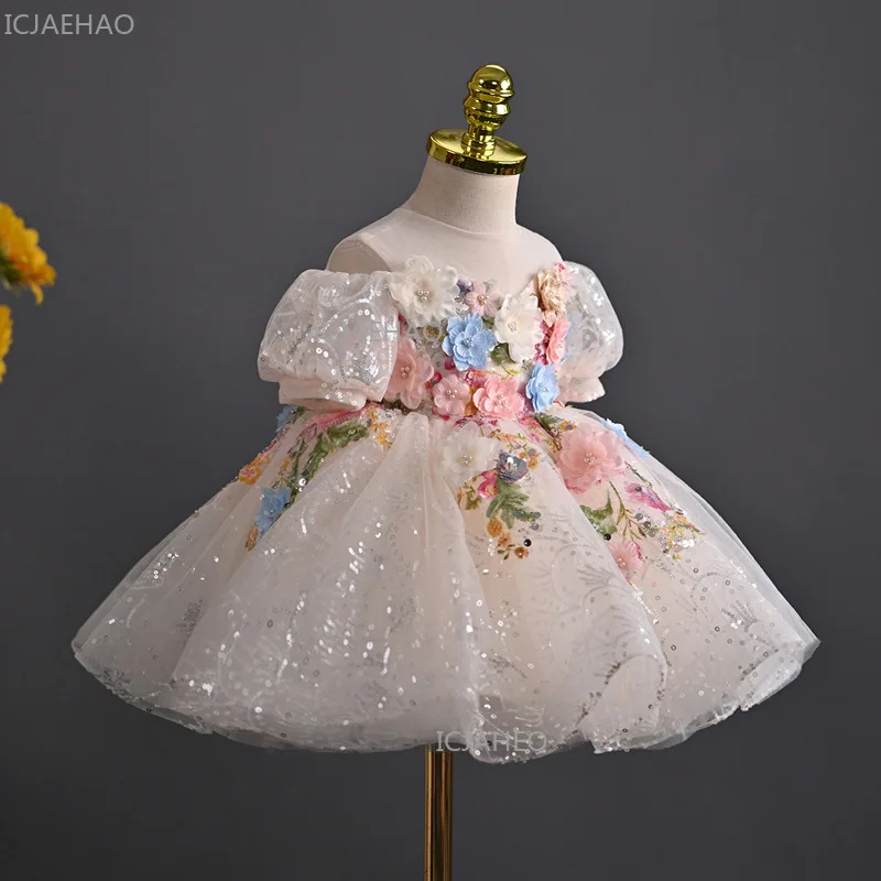 2026 Girls Evening Party Dress Children Floral First Birthday Princess Gown Host Celebration Formal Attire Pageant Dinner Outfit