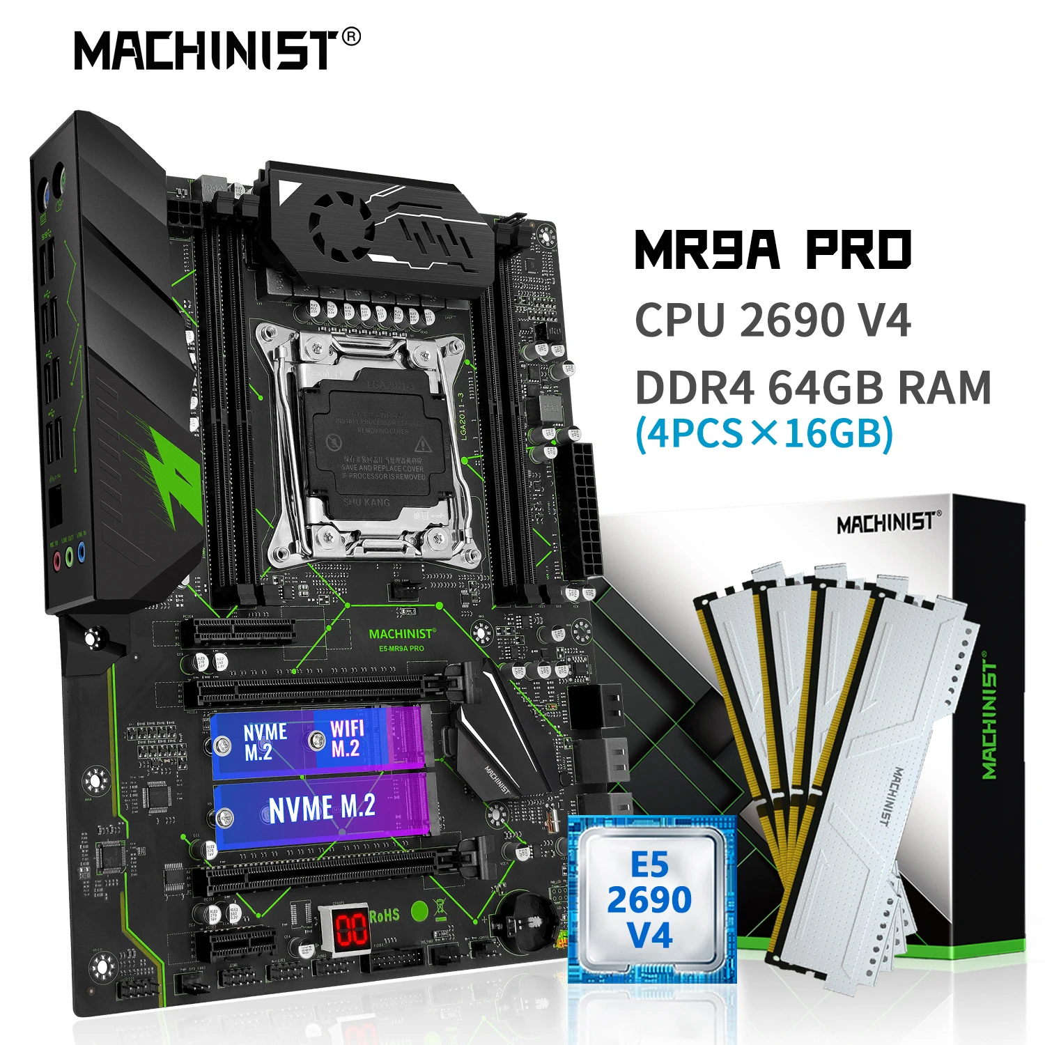 

MACHINIST X99 комплект материнской платы Xeon E5 2690 V4 ЦП LGA 2011-3 64 Гб 2666 МГц DDR4 оперативная память NVME M.2 WIFI USB 3,0 MR9A PRO