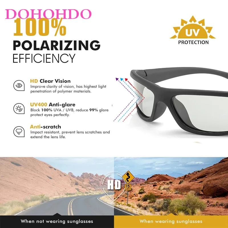 DOHOHDO Photochromic Glasses Polarized Sunglasses Men Discoloration Square Sunglasses Driving Goggles Sport Chameleon Eyewear
