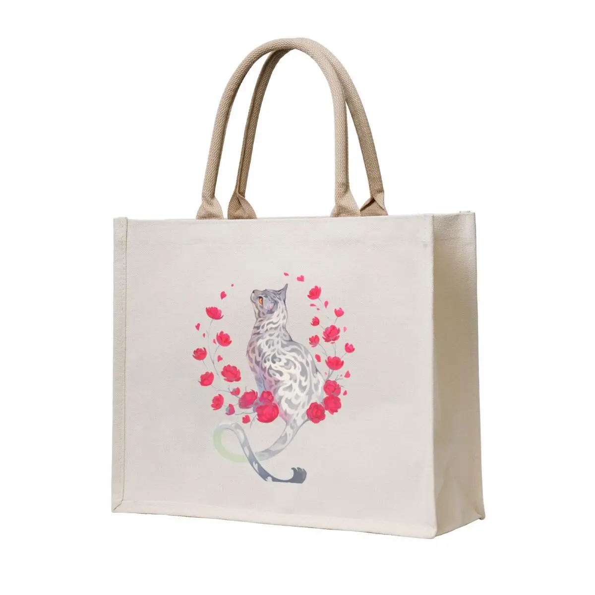 

Silver bengal cat with red flowers Tote Bag shoping bag Eco bag canvas tote