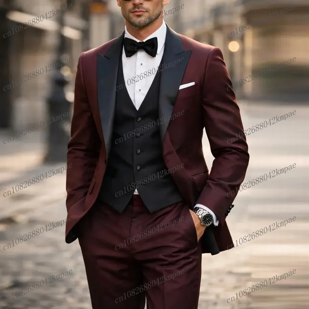 

Новый черный и бордовый мужской костюм для торжественных мероприятий, свадеб, выпускных, деловых встреч, смокинг из 3 предметов: пиджак, жилет, брюки 01