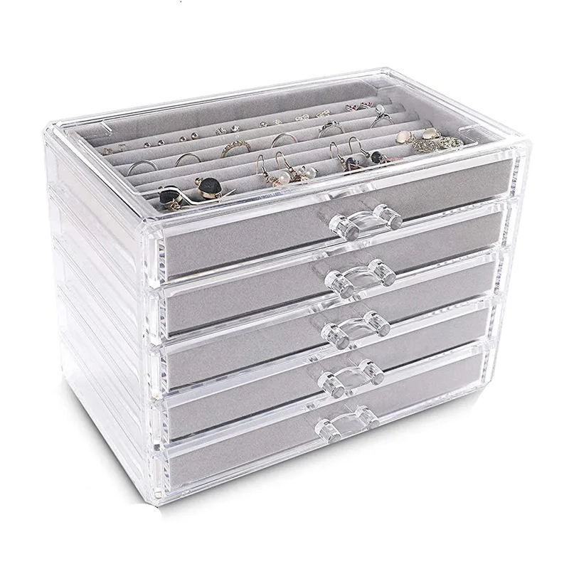 Velvet Jewelry Box Acrylic Drawer Style Necklace Ring Storage Organizer Desktop Multi-layered Compact Jewelry Case