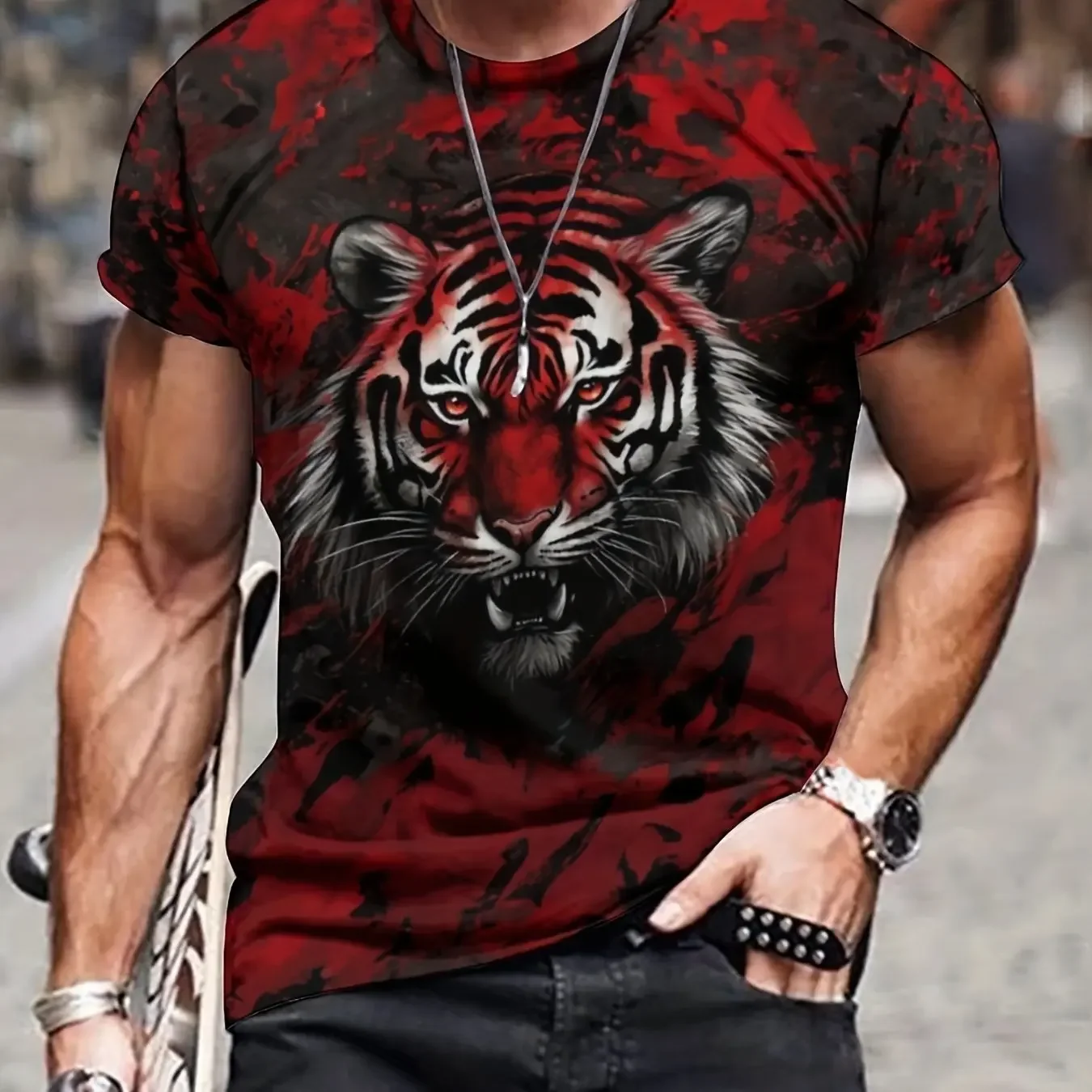 Summer Men's 3D Lion and Tiger Pattern T-shirt Casual Micro Elastic Breathable T-shirt Suitable for Outdoor Jogging Wear Cool