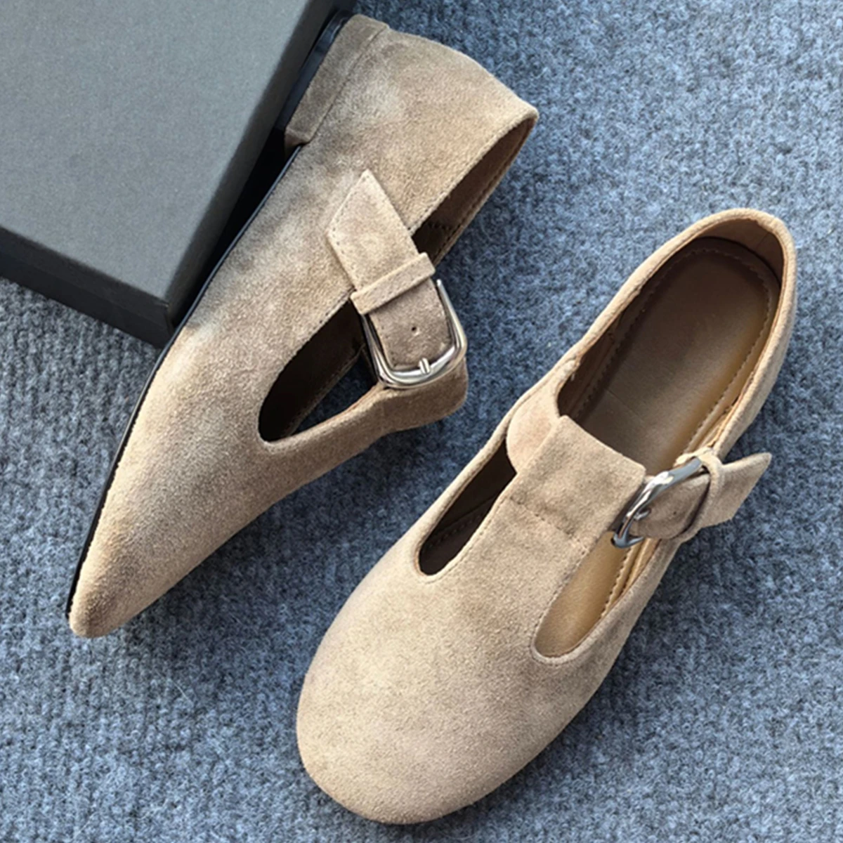 

Maxdutti Retro Casual Genuine Leather Flat Mary Jane Shoes Minimalist Cow Suede Comfortable Round Toe Soft Buckle Loafers Shoes