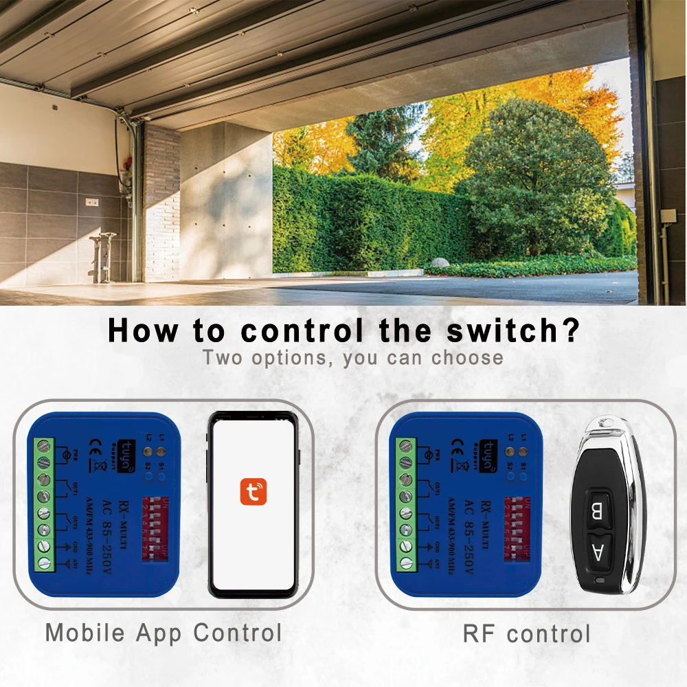 Imagem -04 - Receptor de Controle Remoto de Garagem Universal para Alexa rx Multi Tuya dc ac 930v 85250v 2ch Wifi Interruptor de Vida Inteligente 433mhz 868mhz