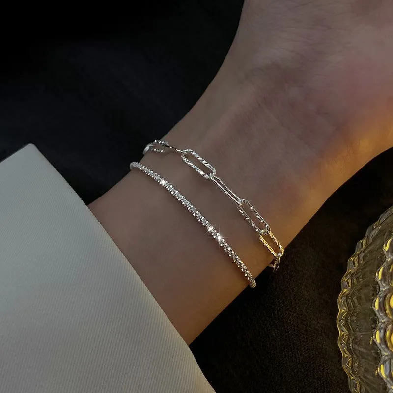 2Pcs Silver Tone Stackable Bracelet Set, Paperclip Link Wrist Chains, Dainty Minimalist Hand Jewelry for Dating Party