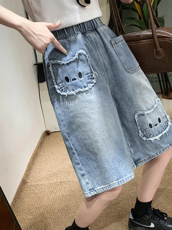  Embroidery Loose High Waist Wide Leg Jeans Shorts plus Size Women's Casual Straight Leg Pants Slimming Versatile Summer