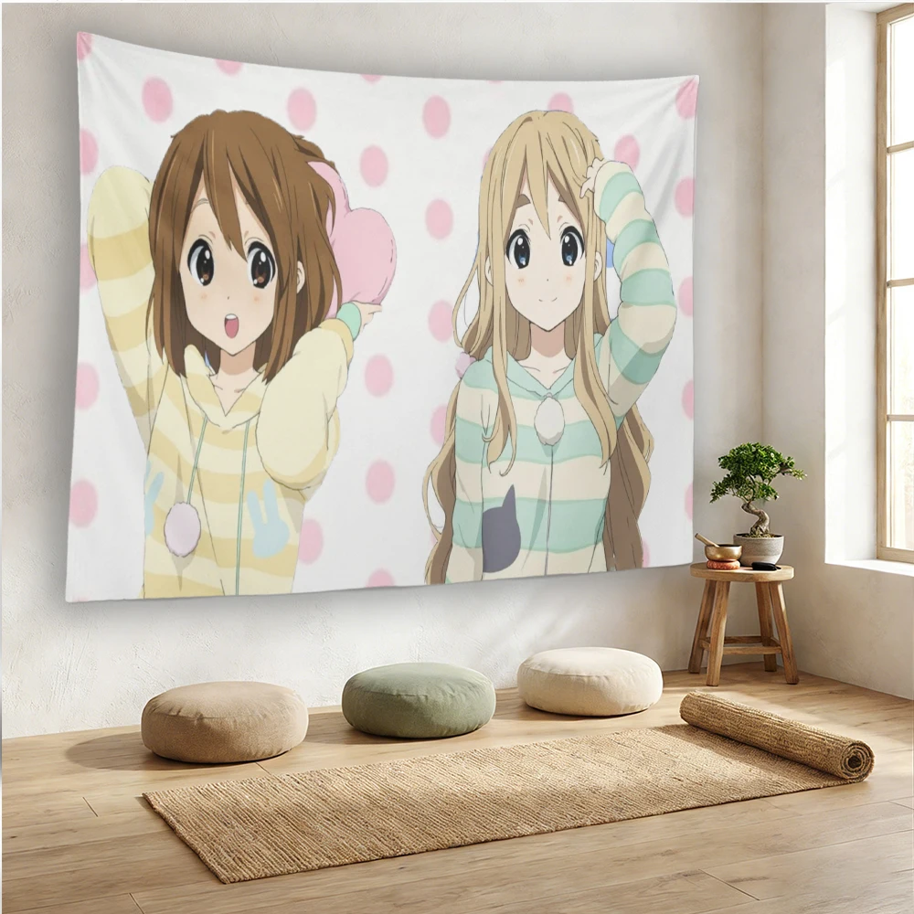 K-ON! Yui & Tsumugi Tapestry, Cute Anime Girls Wall Hanging, Pink Polka Dot Decor for Bedroom Dorm, Kawaii Otaku Room Art