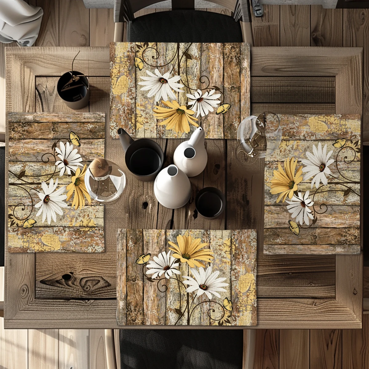 Western Cowboy Themed Polyester Placemats, Set of 4 - Decorative Table Mats for Dining Table, Rustic Style Home Dining Decor