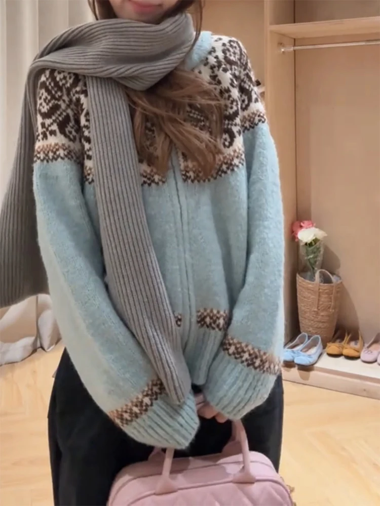 

Корейский вязаный кардиган в стиле Fair Isle, круглый вырез, без застежки, осенне-зимняя новинка, универсальный молодежный топ больших размеров