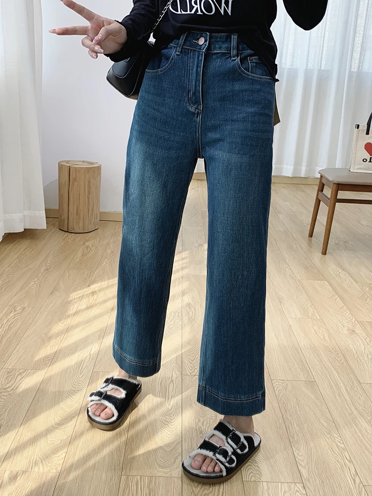 

Прямые джинсы с высокой талией, женские свободные широкие брюки с эффектом похудения, осенняя новинка, маленький размер, узкая версия