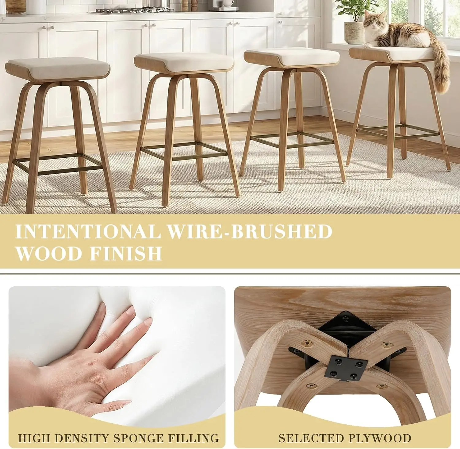Swivel Bar Stools Set of 2 for Island Kitchen, 26 Inch Modern Backless Wood Counter Height Bar Stools Linen Upholstered 360 Swiv view 4