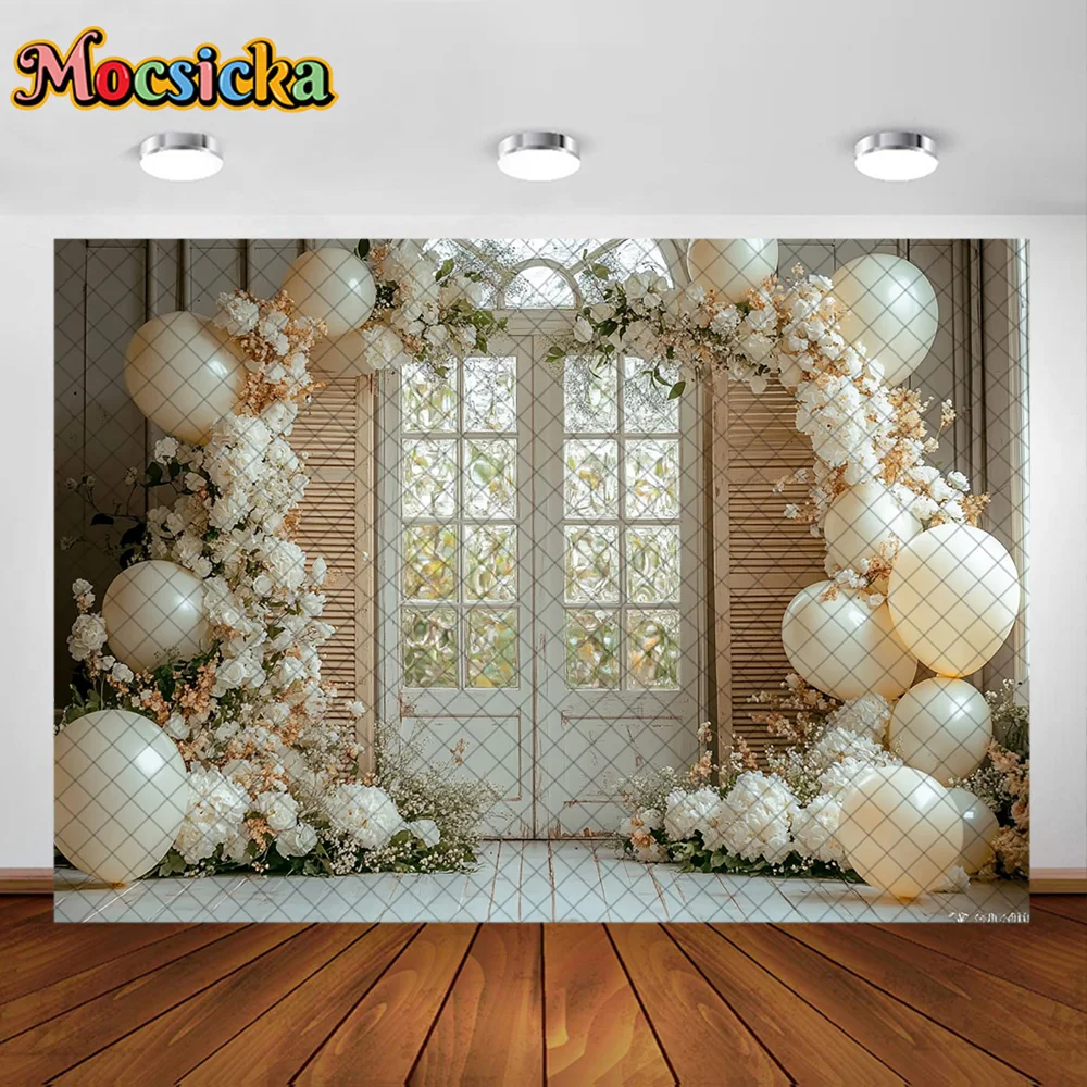 Mocsicka – arrière-plan de photographie, arc de fleurs, décoration murale en bois, arrière-plan pour réception-cadeau pour bébé, nouveau-né, 1er anniversaire, accessoires de Studio de bal