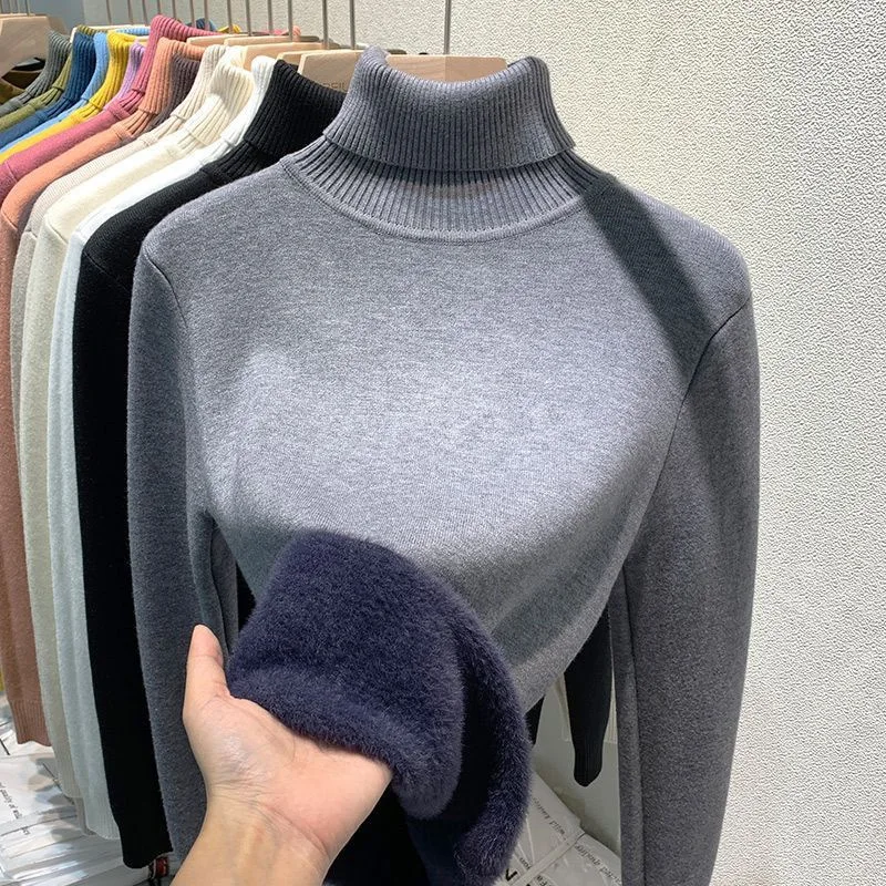 2024 musim gugur dan musim dingin baru tebal beludru Sweater wanita tinggi leher Pullover Sweater hangat Slim rajutan dasar Sweater jaket atasan