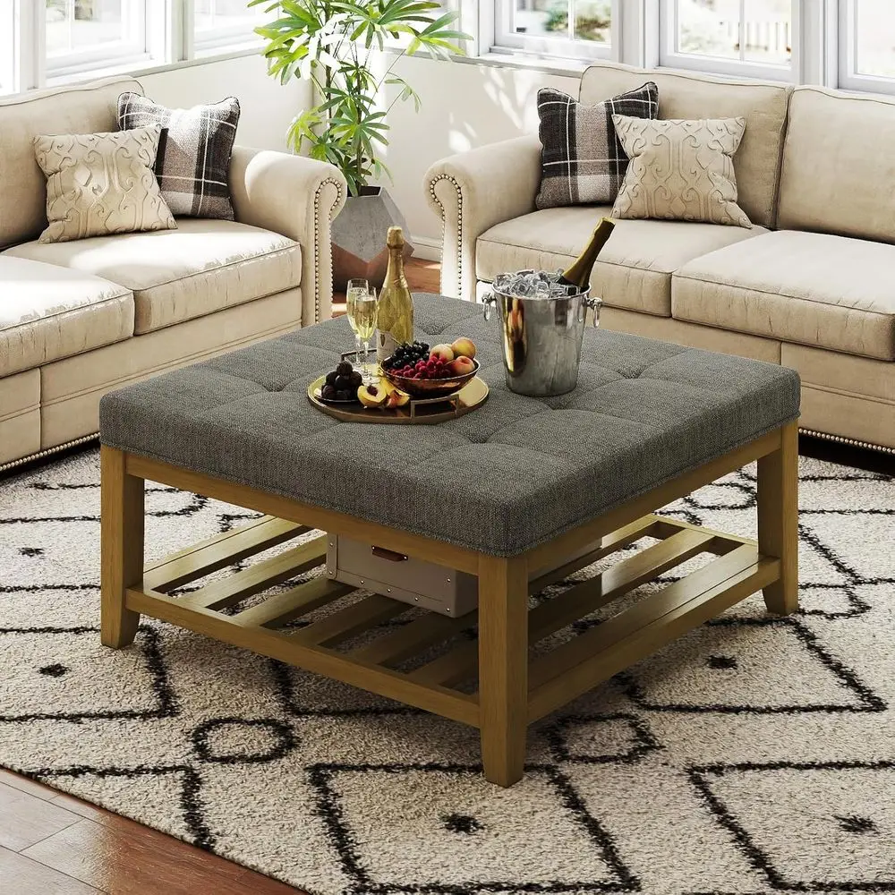 

Large Square Ottoman Coee Table, Linen Solid Upholstered ootrest Ottoman with Solid Wood Shel Storage Tuted Coee Table or Bedroo