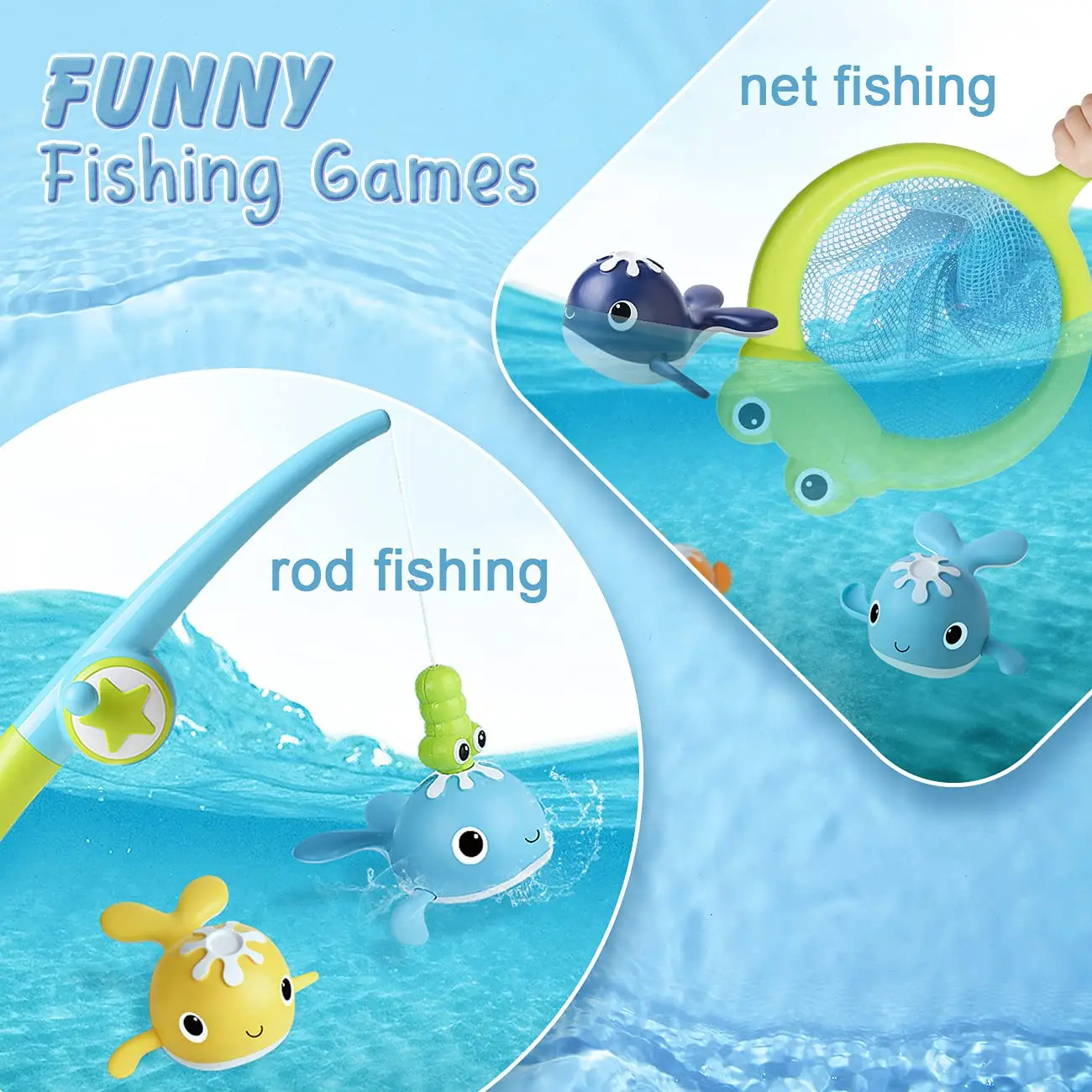 Magnet Baby Bath Fishing Toys Wind-up Swimming Whales Bathtub Toy Fishing Game Water Tub Toys Set with Fishing Pole Net for Kids