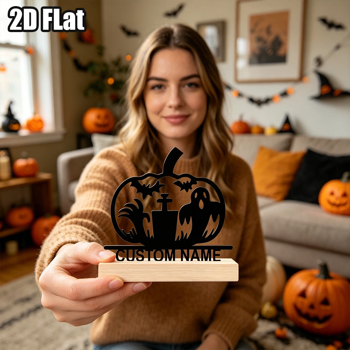 1Pc Custom Halloween Ghost Wooden Base Metal Ornament,Home Room Desktop Decor,Ideal Birthday Wedding Halloween Festive Gift