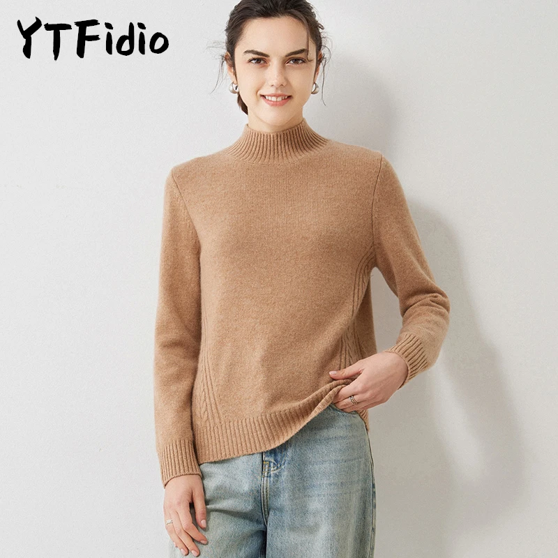 YTFine-pulôver feminino de gola alta frita de massa frita lateral, torção meio gola alta, meninas macias quentes 17, 100% caxemira