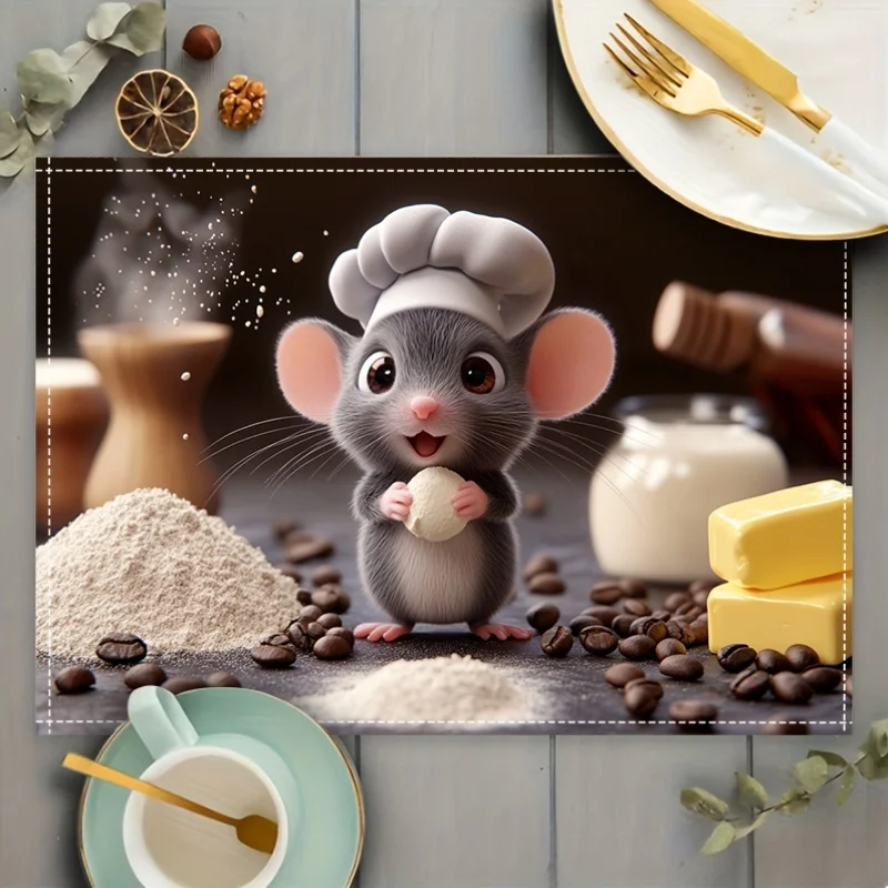 Cute Mouse Chef Linen Placemat Cartoon Rat Coffee Beans Table Mat Heat Resistant Coaster Dining Bowl Pad Kitchen Decoration