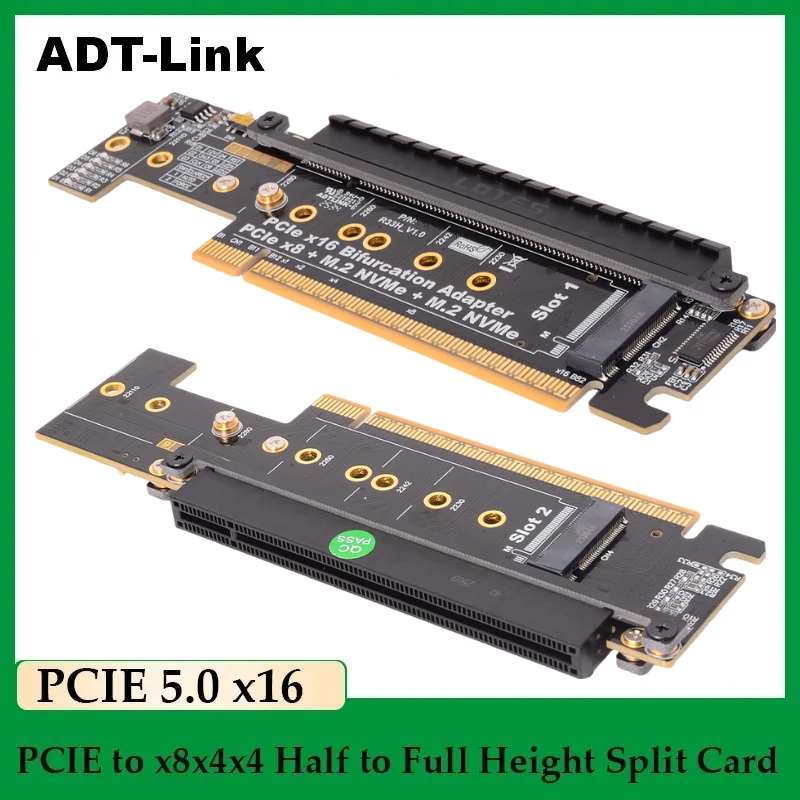 

PCIe 5.0 X16 к X8 X4 X4 Split GEN5 Riser Card Адаптер раздвоенной обработки PCIe x16 PCIe 5.0 x8+Dual M.2 NVMe для 22110-2230 M2 NVMe SSD