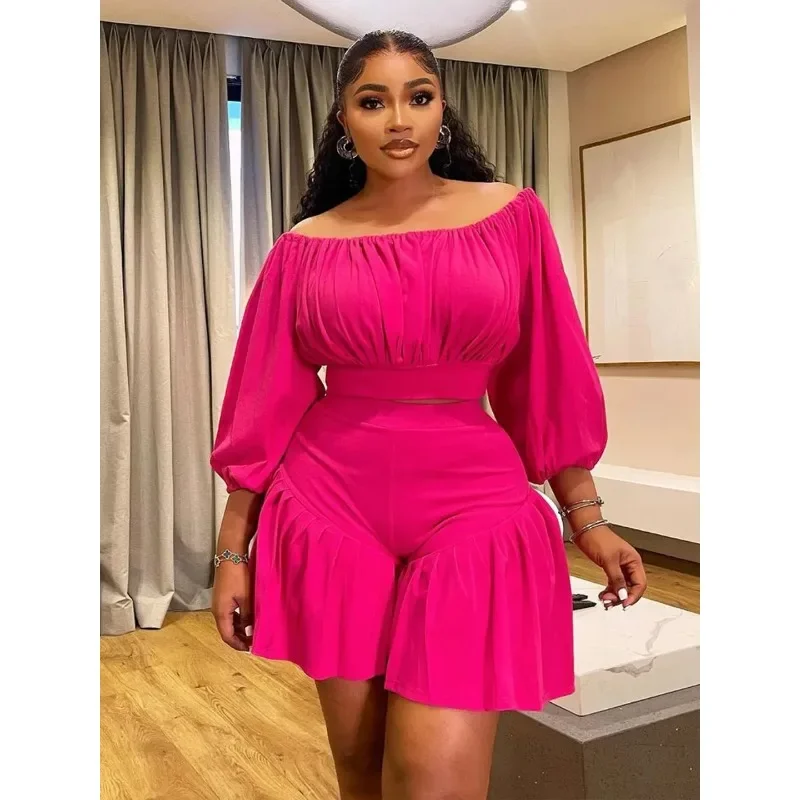 Plus Size Damesset Lange mouw T-shirt met schuine hals en shorts 2025 Zomer Ruches Twee 2-delige set Outfits Trainingspak