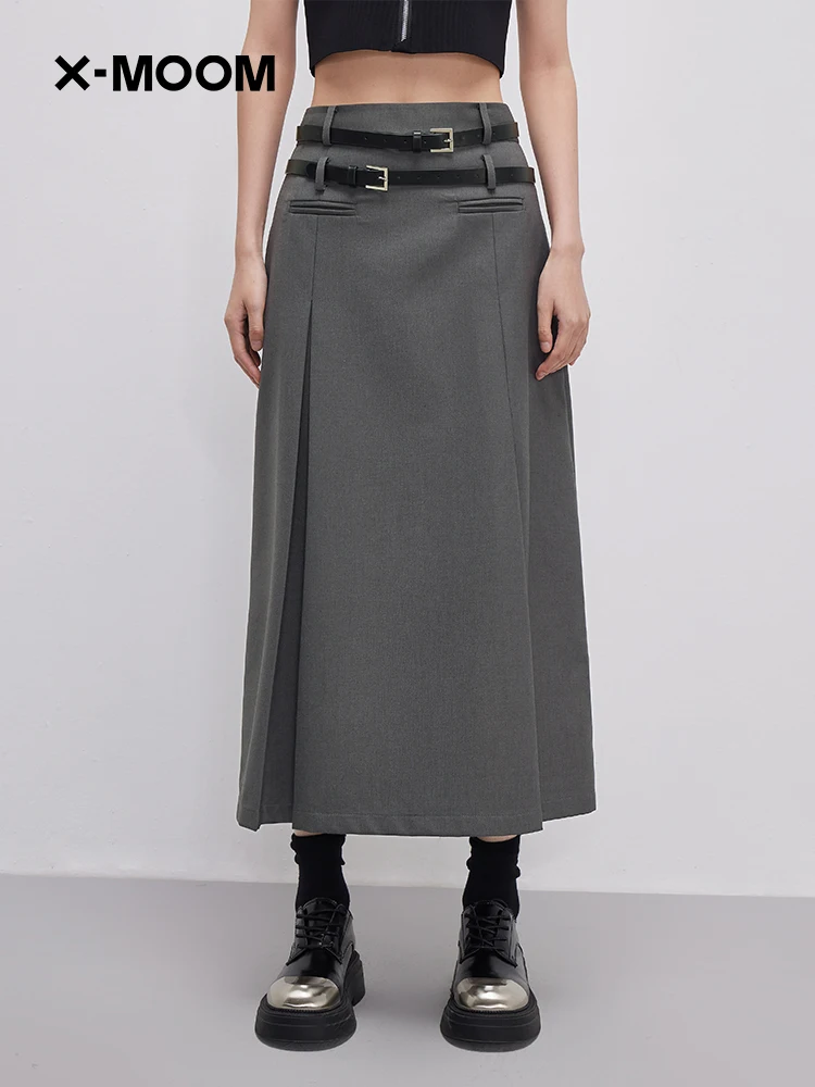 

Spring New XMOOM Long A-Line Skirt Slimming High Waist Double Belted Work Pleats Faionable Commute Pure Color Polyester Blend