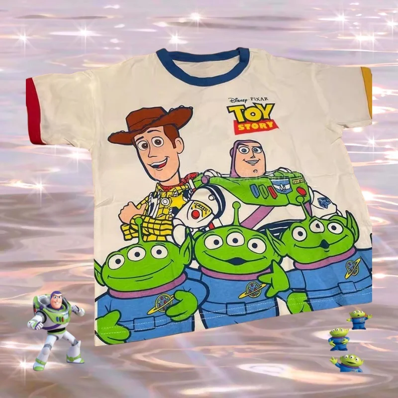 

Мото-персонализированная детская футболка с изображением Истории игрушек Диснея Базз Лайтер Вуди инопланетянина, милая креативная футболка с мультяшным принтом