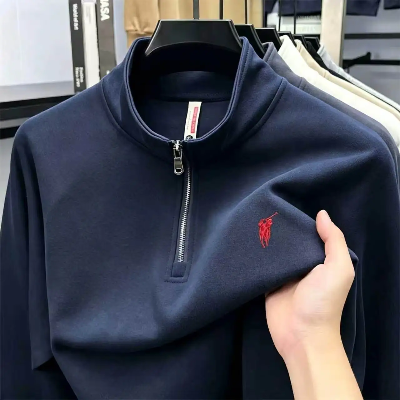2026 Men Half‑Zip Stand Collar Sweatshirt, Polyester Solid Long‑Sleeve Pullover with Small Horse Embroidery, Autumn Winter Casua