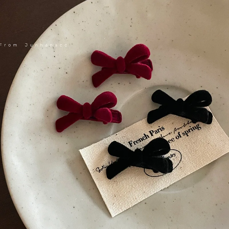 Velvet Red Bow Hairpin Headdress Cute Trumpet Bang Clip Female Forehead Side Clip New Year Festival Hair Accessories