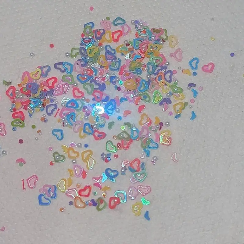 1 caixa de glitter para unhas de dopamina, cores mistas, oco, pentagrama em forma de coração, pérola, arte de unhas, acessórios de decoração de unhas
