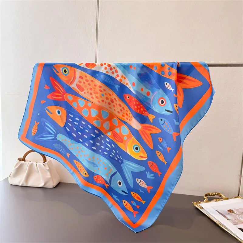Cartoon colorful fish small square scarf high-end print imitation silk scarf shawl square scarf neck scarf headscarf scarf new
