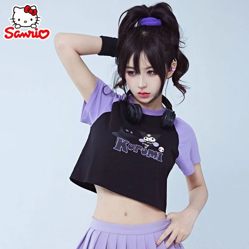 Sanrio Kuromi T-Shirts Women\'s Short Sleeve Crop Top Y2k Summer Loose Casual Chic Kawaii Girl Short Slim Fit Women Clothing Gift