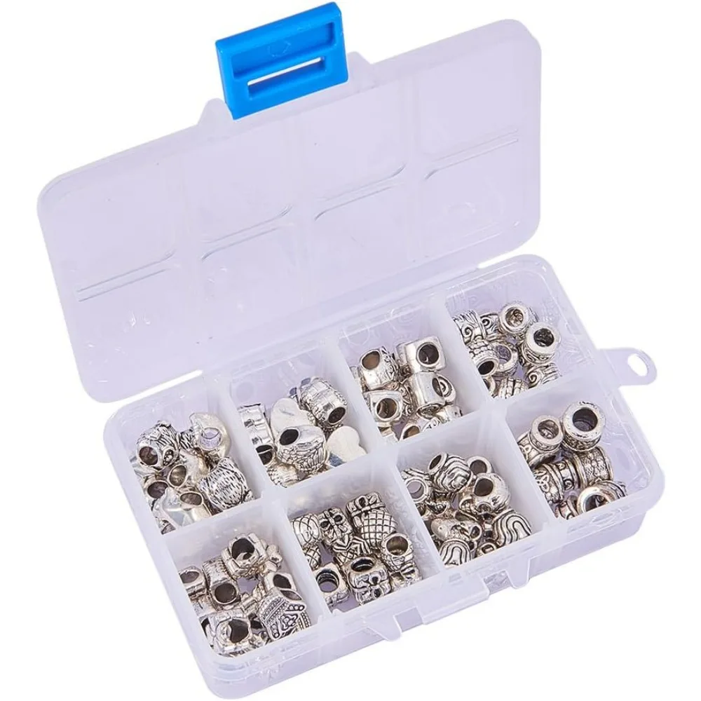 1 Box 96 Pcs Antique Silver 16 Assorted Mixed Shape European Beads Tibetan Style Alloy Large Hole Beads Spacer Loose Beads