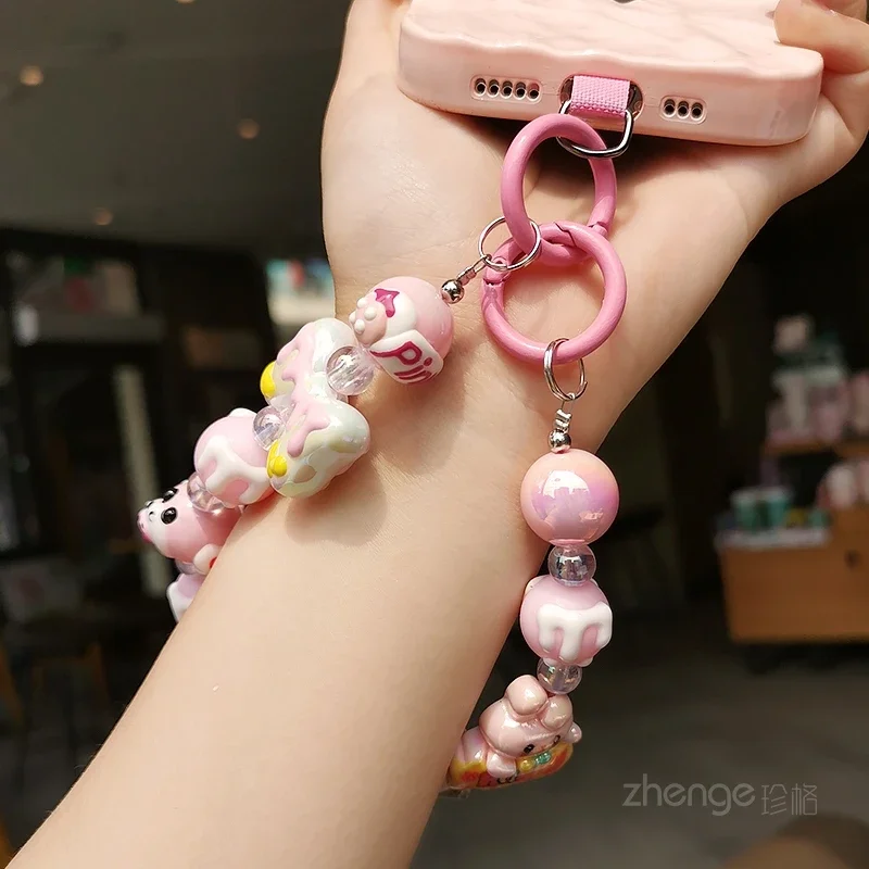 Short Pink Happy Bunny Pink Bear Bracelet Chocolate Candy Color Dopamine Girl Hand Wrist Hanging Clip Mobile PhoneCase Universal