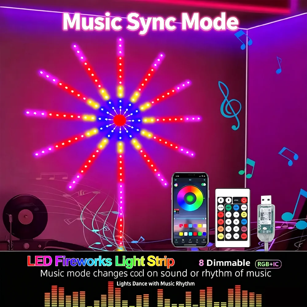 RGB Smart Firework Light Strip Remote Control Music Sync Dreamy Color LED Light Bar USB Power for Indoor Parties Christmas Decor