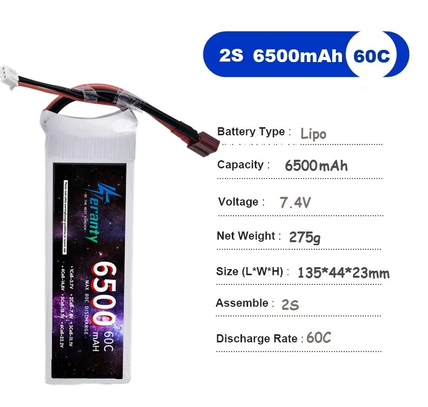 TERANTY 2S Lithium Polymer Battery 7.4V 6500mAh Lipo Battery 60C RC Car Drone Racing Hobby Rechargeable Quadrotor Accessories