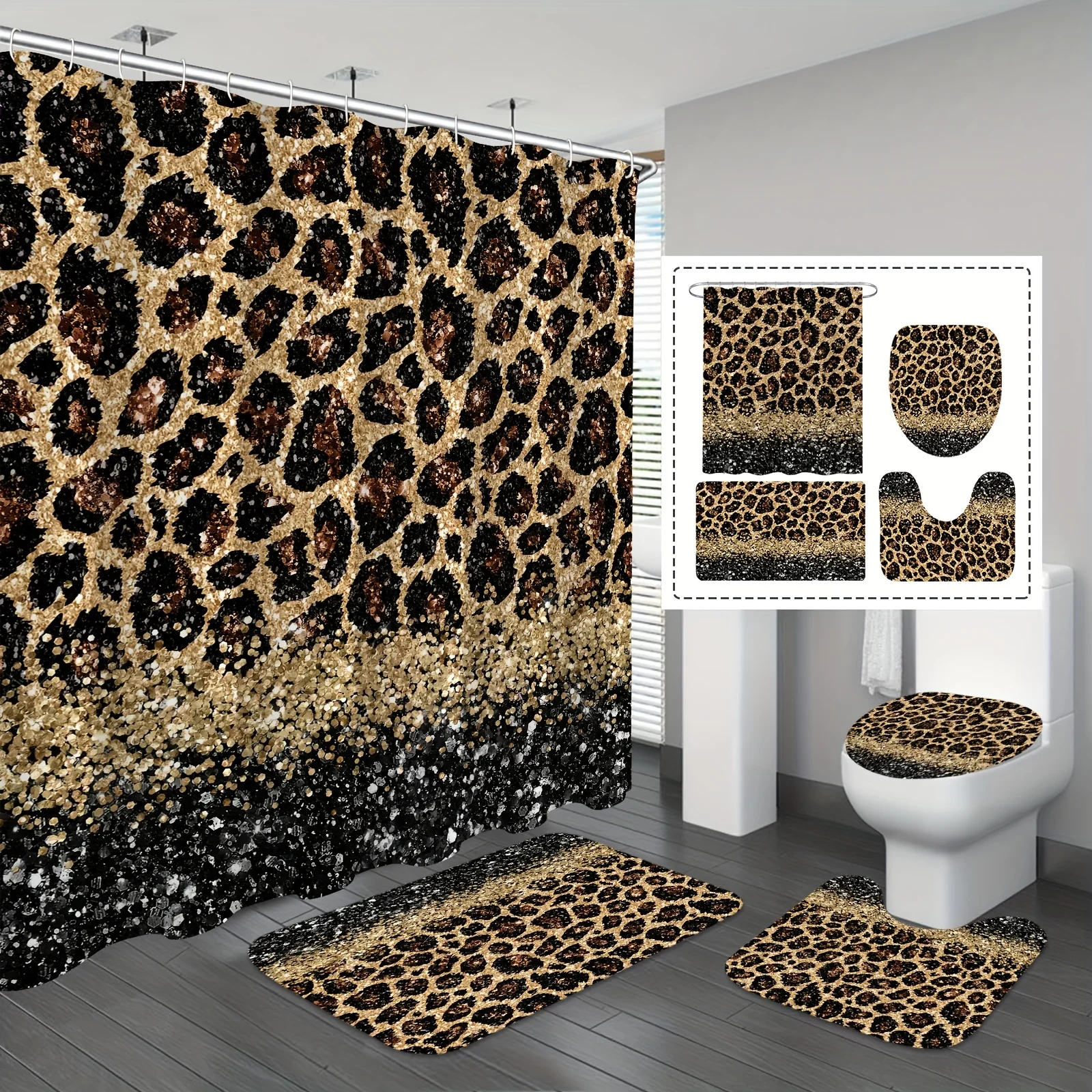 

Golden Shower Curtain Set | Leopard Print, 4pcs with Rugs, Ideal for Modern Bathrooms, Housewarming Gift