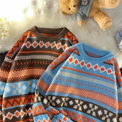 Autumn Knitted Striped Vintage Christmas Sweater Men's National Style Pullover Round Neck Sweaters Couples Casual Y2K Clothes