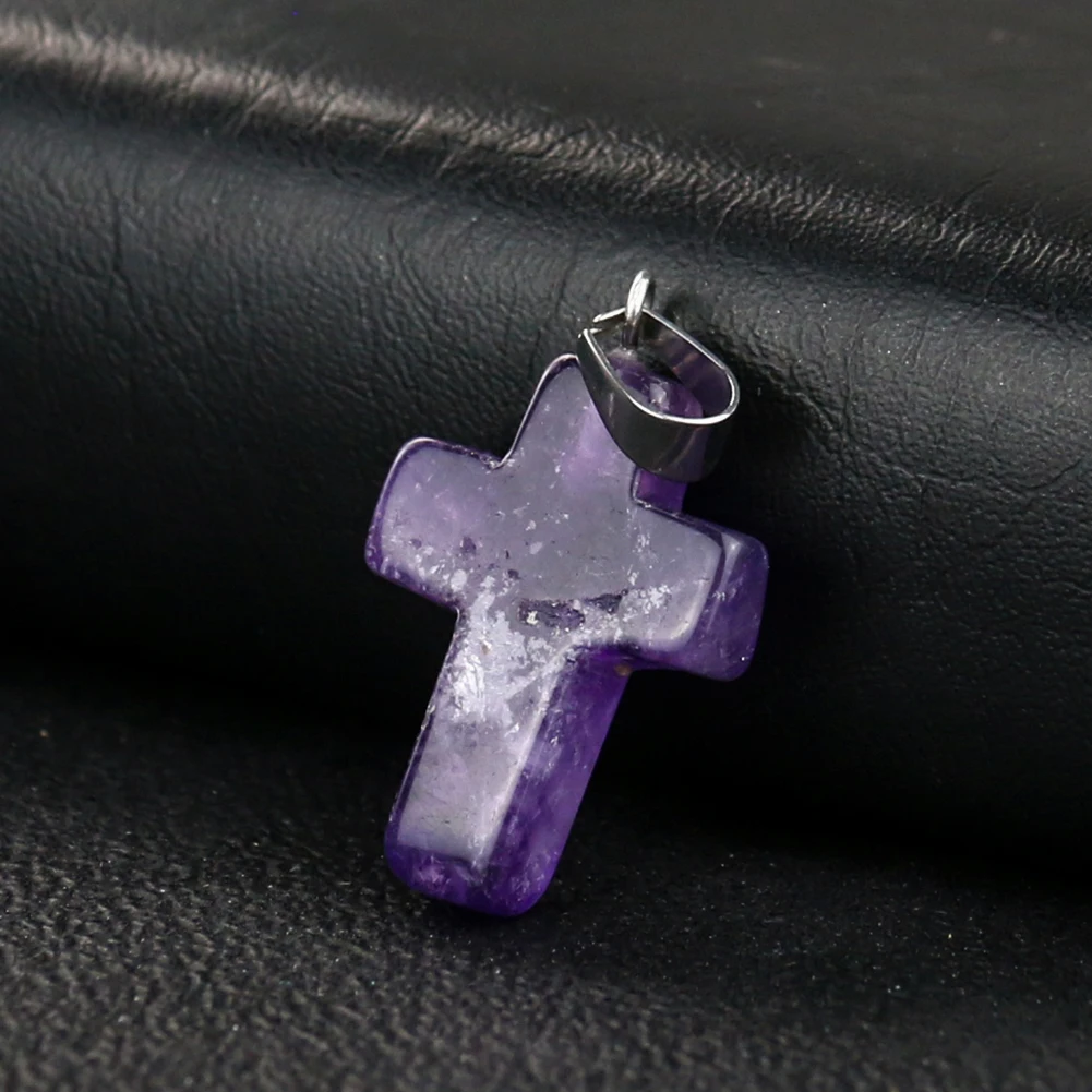 Natural Crystal Quartz Cross Pendant Stone Crucifix Quartz Necklace Bracelet Charms Amethyst DIY Christianity Jewelry Making