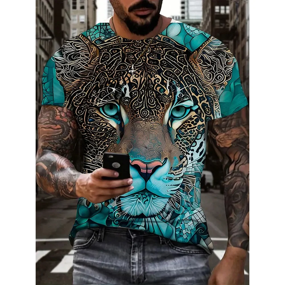 Leopard print 3D digital Print men's graphic T-shirt, Causal Comfort T-shirt, short-sleeved pullover top, men's summer wear