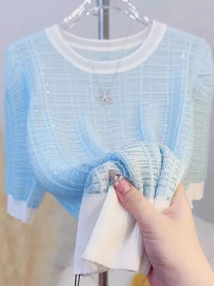 

Summer 2025 Women's round Ne Pullover Ice Silk Knitted irt ort Sve Lightweight Luxury Faion iny Design Sense Top