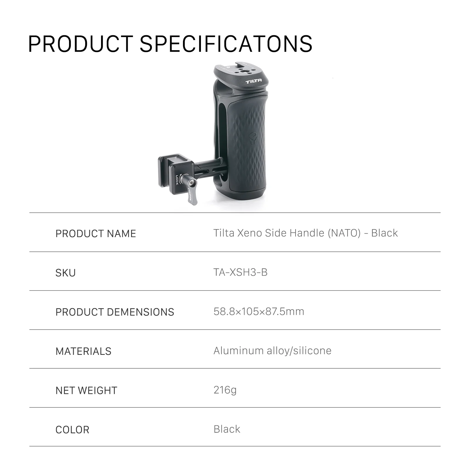 TILTA TA-XSH1-B Xeno zijhandgreep 1/4'-20 met positioneringspennen/NATO/dubbele 1/4'-20 voor camerakooi voor Sony Canon Nikon Quick Release
