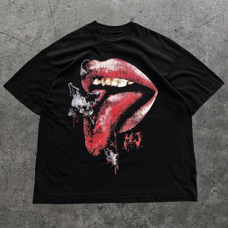 Big Lips Y2k Mouth T Shirt - Grillz White T Shirt - Unisex Y2k Shirt- Streetwear T Shirt