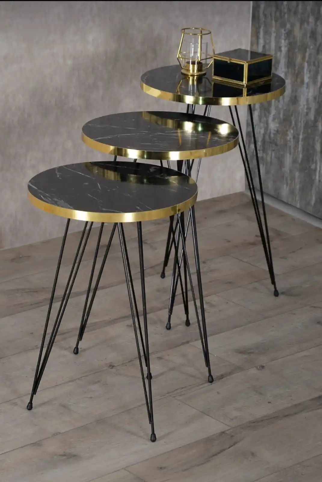 Modern Nelling Table 3 Pieces Patterned Black Wire Metal Leg De Monte Side Table Tea Coffee Service Table Round Living Room Beds