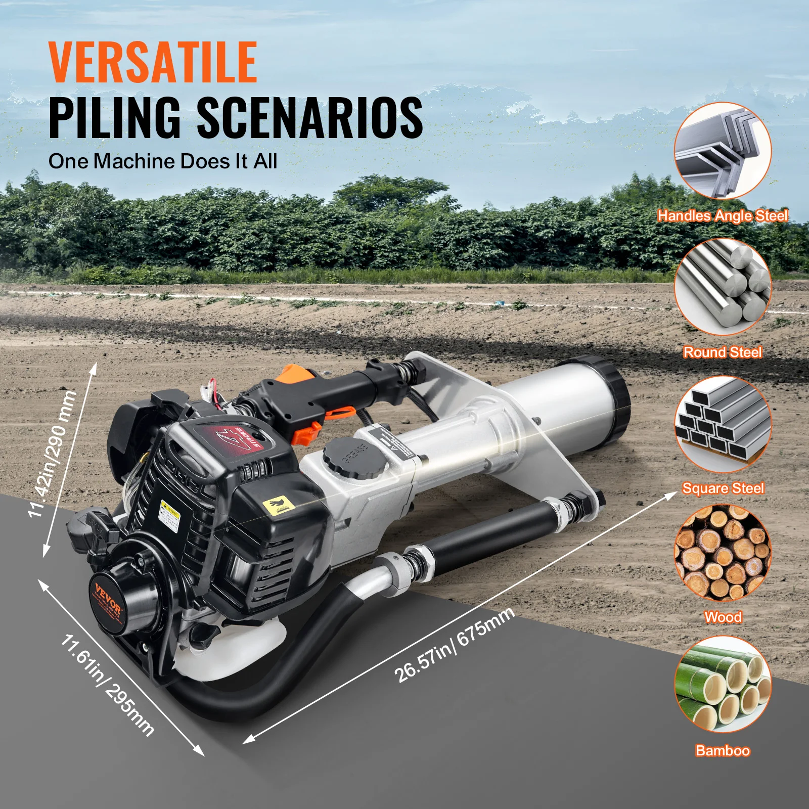 VEVOR 37.77cc berdaya Gas T Post Driver 4-Stroke mesin bensin pagar Piling Pounder dengan 3 Post mengemudi kepala (45/55/88mm)