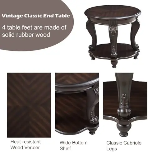 Espresso Solid Wood Round Side Table with Shelf, 22' W x 19.5' D x 20.5' H