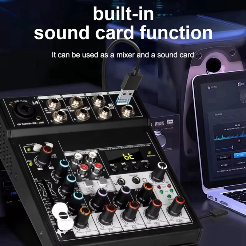 المحمولة بلوتوث جهاز مزج الصوت وحدة التحكم 5 قنوات Soundcard USB اللعب سجل تشغيل الكمبيوتر جهاز مزج الصوت الصغير البث