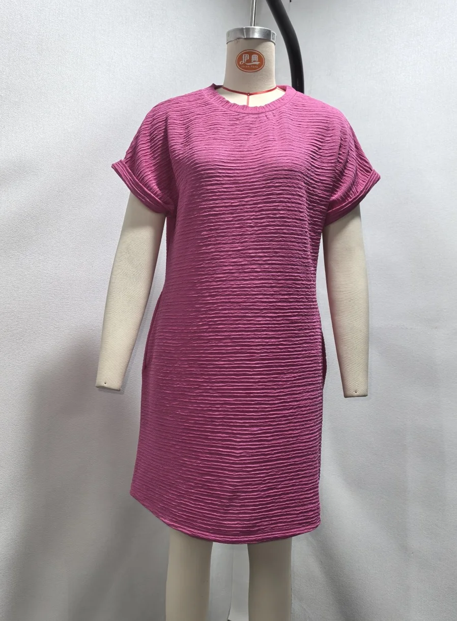Vestido de manga corta de Color sólido con bolsillo y cuello redondo suelto para mujer novedad de verano vestido Midi