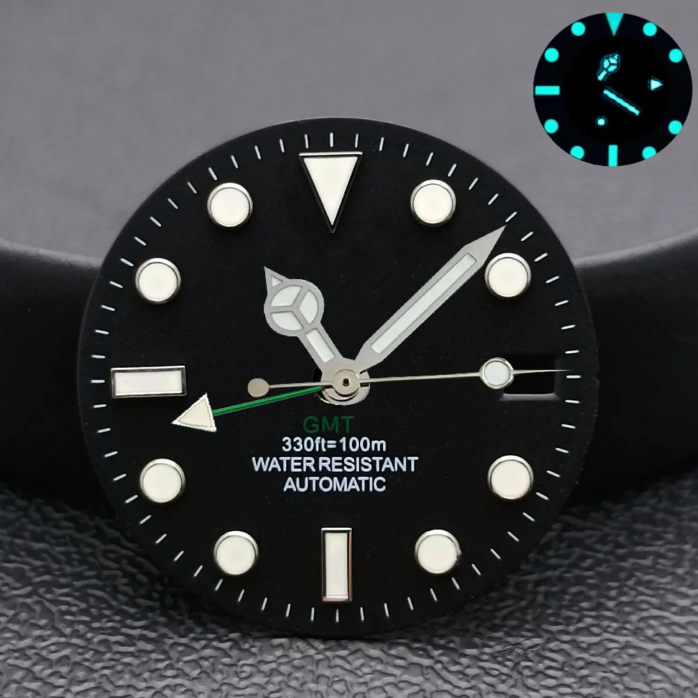 28.5mm blue-green luminous dial with GMT hands fits for NH34 automatic mechanical movement watch accessories custom logo