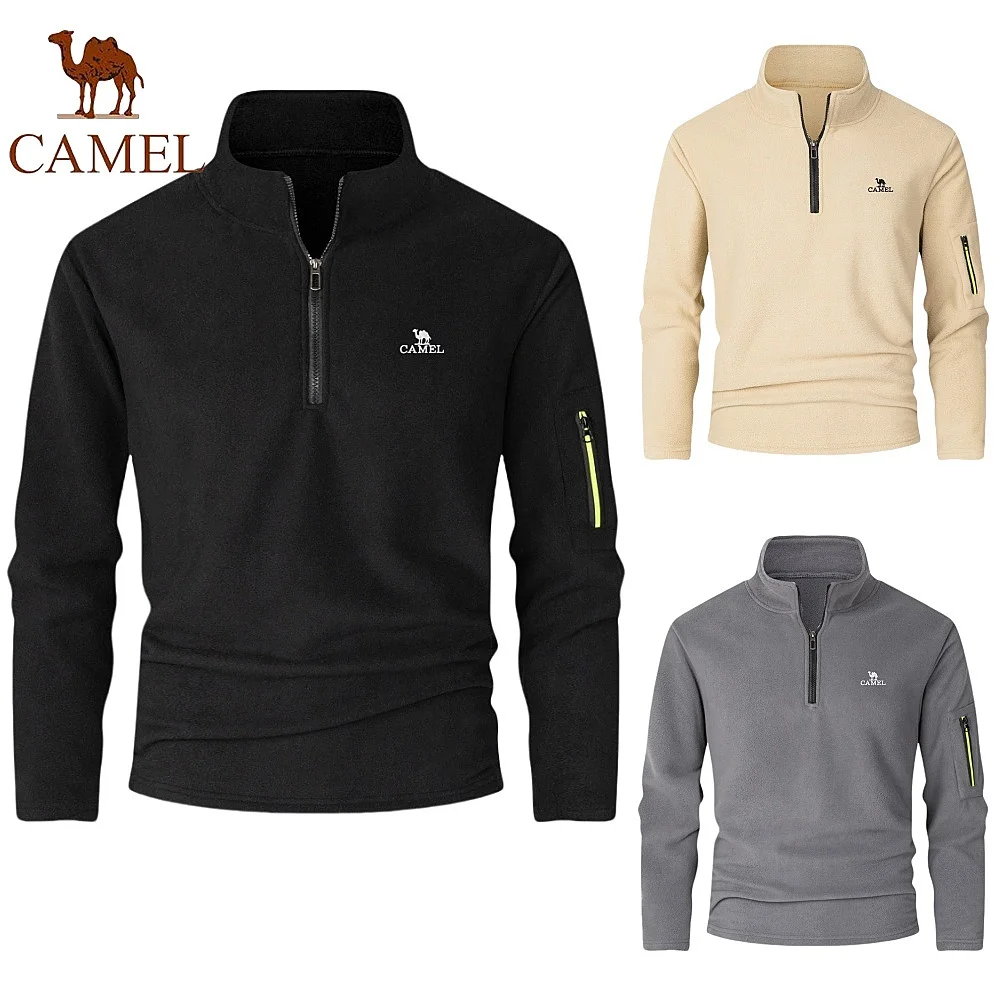 

Embroidered CAMEL double-sided wool warm pullover, autumn and winter men's sportswear, half zip stand up collar sportswear